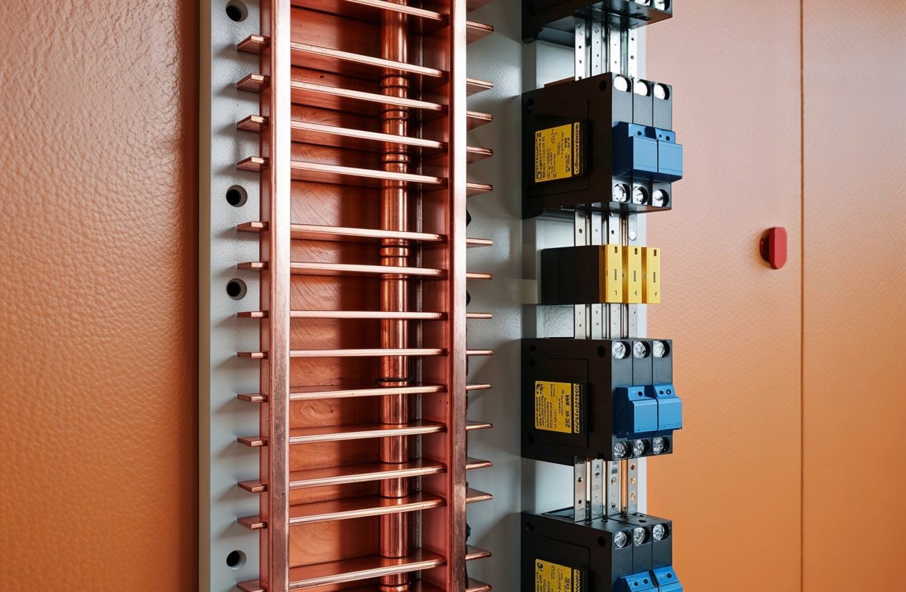 Barramento elétrico personalizado com cobre para distribuição de energia, mostrando a organização e qualidade das conexões elétricas.
