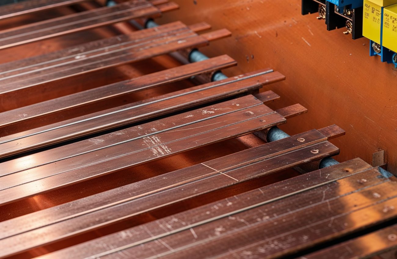 Barramento de cobre com componentes elétricos em painel de distribuição, destacando eficiência e segurança na instalação elétrica.