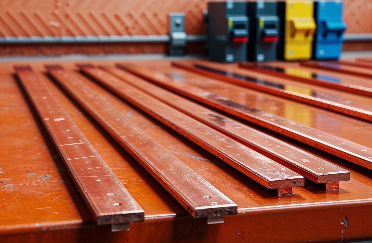 Barramentos de cobre preparados para instalação em sistemas elétricos, com foco em segurança e eficiência energética.
