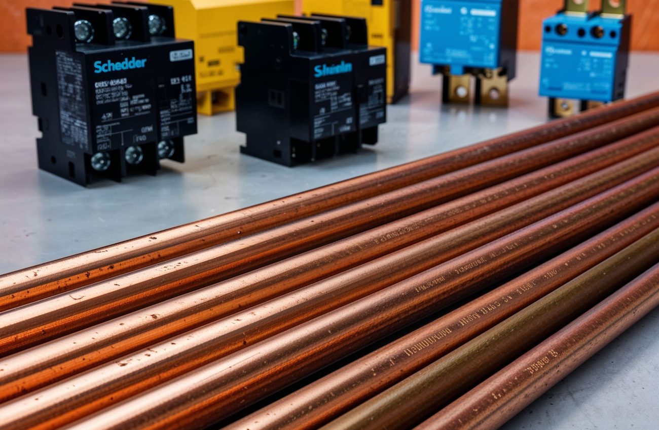 Barramentos de cobre e componentes elétricos como disjuntores, ideais para instalações industriais de alta performance e segurança.